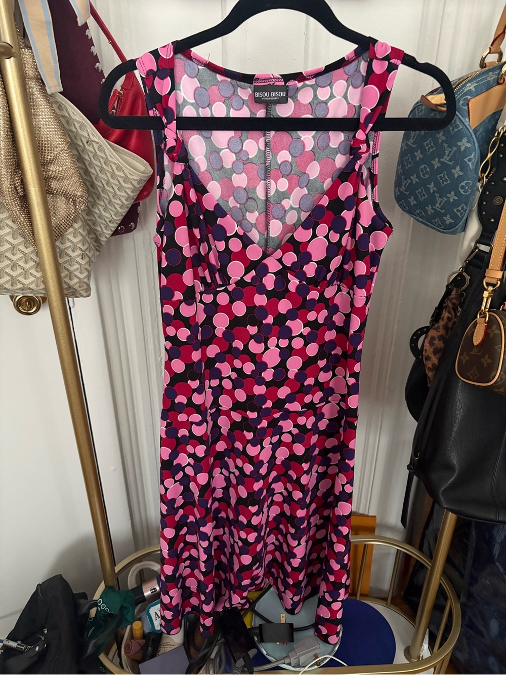 Bisou Bisou Pink and Purple Polka Dot Sleeveless Dress
